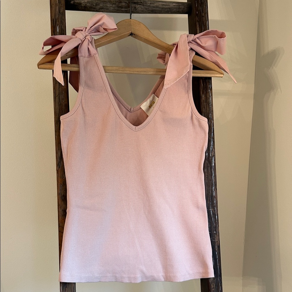 Maeve Blush Pink Ribbed Tank Top with Bow Straps | Size S
